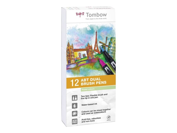 Tombow ABT-12P-2, Fint, 12 farger, Blå, Grønn, Grå, Lyseblå, Lysegrønn, Mint, Rosa, Lilla, Gult, Flerfarget, Rund, Vann-basert blekk