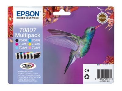 Epson Hummingbird Monipakkaus, 6 väriä T0807 Claria Photographic -muste, musta, Syaani, Vaalea syaani, Vaalea Magenta, Magenta, Keltainen, 1 kpl, M...