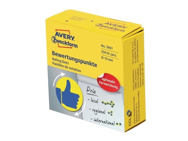 Avery 3861, Blå, Gult, Sirkel, Permanent, Papir, 1,9 cm, 250 stykker