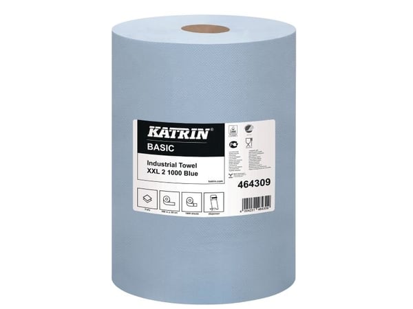 Industrirulle, verkstadsrulle, Katrin Basic, 2-lagers, 360m x 38cm, Ø29cm, blå, blandade fibrer - (2 rullar per kartong)