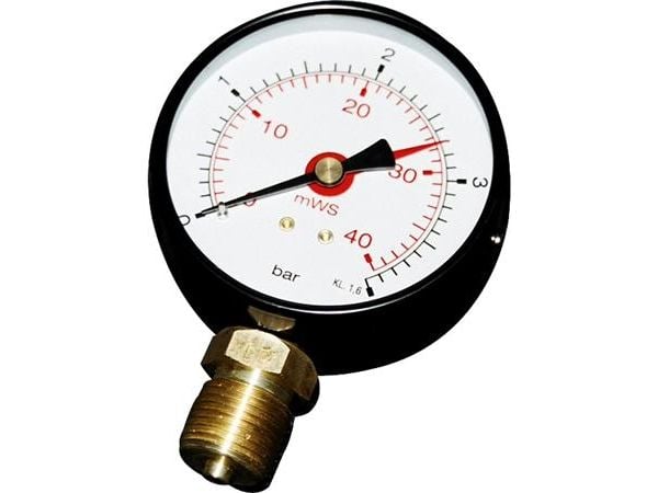 Manometer Ø80 × 1/2 0–4 BAR, nedåtvänd anslutning till värmeanläggning