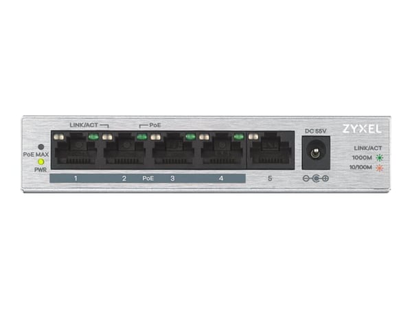 Zyxel GS1005HP - Switch - ikke-styrt - 4 x 10/100/1000 (PoE+) + 1 x 10/100/1000 - veggmonterbar, stasjonær - PoE (60 W)