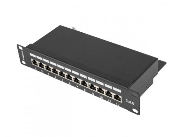 Lanberg PPF6-9012-B - Koblingspanel - rackmonterbar - CAT 6 - STP - RJ-45 X 12 - RAL 9004, svart - 1U - 10"