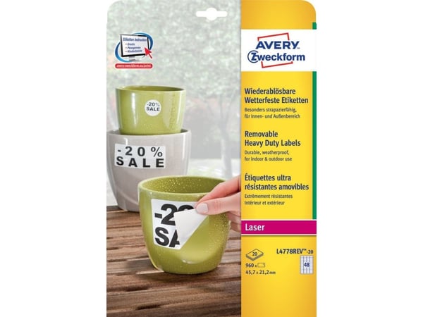 Avery L4778REV-20, Hvit, Avrundet rektangel, Permanent, Polyester, Matte, 48 stykker Avery L4778REV-20, Hvit, Avrundet rektangel, Permanent, Polyester, Matte, 48 stykker