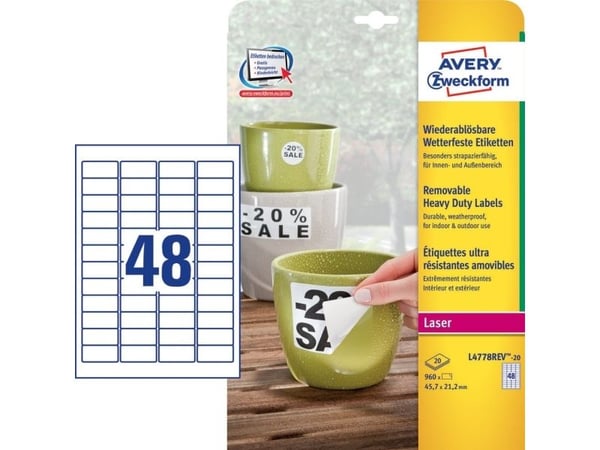Avery L4778REV-20, Hvit, Avrundet rektangel, Permanent, Polyester, Matte, 48 stykker