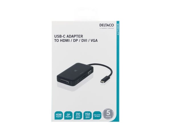 DELTACO USBC-MULTI - Ekstern videoadapter - USB-C 3.1 - DisplayPort, DVI, HDMI, VGA - svart