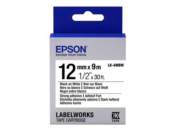 Epson LabelWorks LK-4WBW - Sterkt selvklebende - svart på hvitt - Rull (1,2 cm x 9 m) 1 kassett(er) etikettbånd - for LabelWorks LW-1000, 300, 400,...