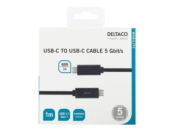 DELTACO USBC-1054M - USB-kabel - USB-C (hann) til USB-C (hann) - USB 3.1 Gen 1 - 3 A - 1 m - USB Power Delivery (3A, 60W) - svart