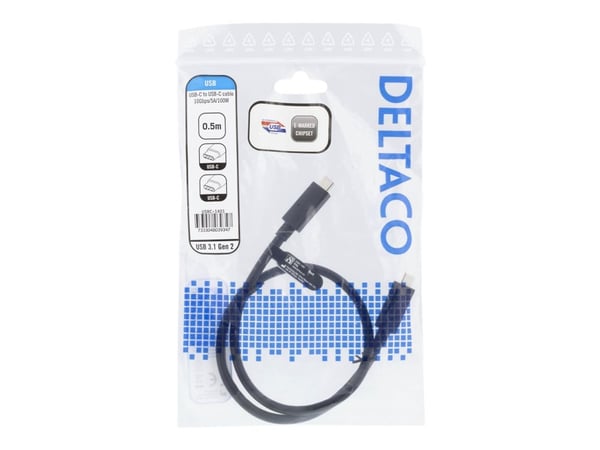 DELTACO USBC-1401 - USB-kaapeli - USB-C (uros) - USB-C (uros) - USB 3.1 Gen 2 - 5 A - 50 cm - USB Power Delivery (5 A, 100 W) - musta