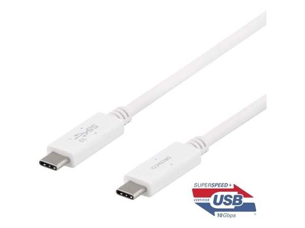 DELTACO - USB-kaapeli - 24-nastainen USB-C (uros) - 24-nastainen USB-C (uros) - USB 3.1 Gen 2 - 5 A - 1 m - E-merkki - valkoinen - valkoinen