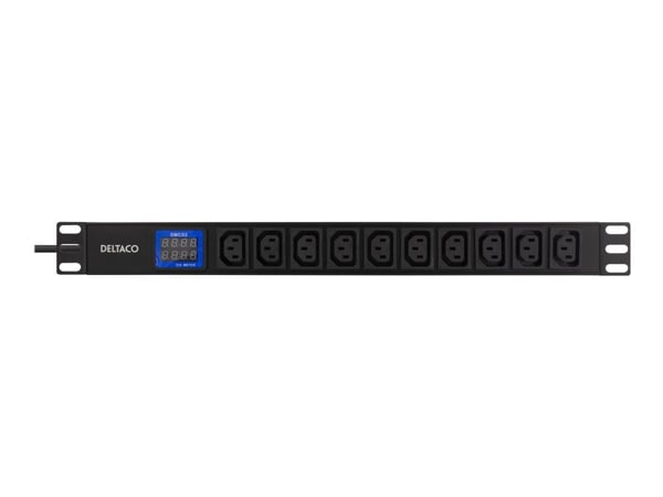 Deltaco 19" virtapaneeli, 10x IEC C13, 2500W, virta- ja jännitemittari, 2 m, Sisätila, C13 liitin, C14 liitin, Musta, Kiina