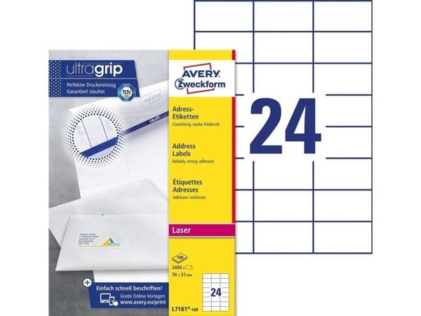 Adresseetiketter, Avery L7181-100, 70 x 37 mm, 24 pr. ark, 100 ark