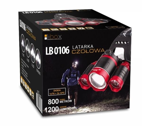 libox LB0106 - Hodelykt - LED - 4-modus - kald hvitt lys - svart, rød