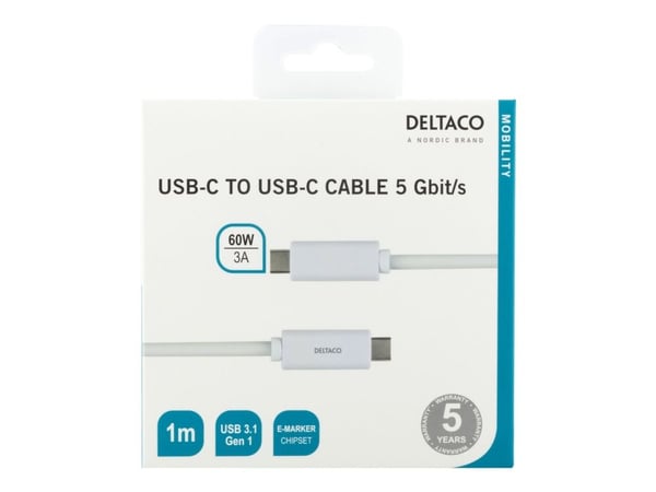 DELTACO - USB-kabel - USB-C (hann) til USB-C (hann) - 1 m - hvit