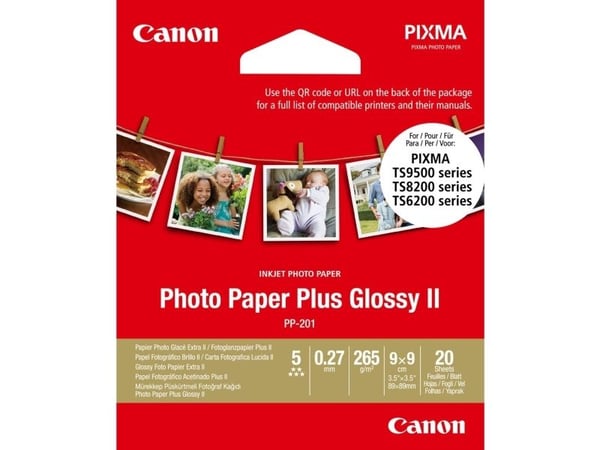 Canon Photo Paper Plus Glossy II PP-201 - Høyblank - 270 mikroner - 89 x 89 mm - 265 g/m² - 20 ark fotopapir - for PIXMA TS7450i