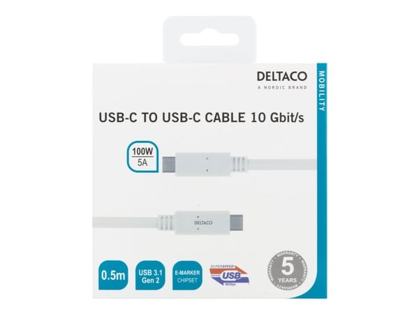 DELTACO - USB-kabel - USB-C (hann) til USB-C (hann) - USB 3.1 Gen 2 - 5 A - 50 cm - USB Power Delivery (5 A, 100 W) - hvit