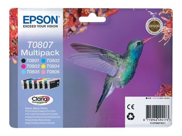 Epson Hummingbird Monipakkaus, 6 väriä T0807 Claria Photographic -muste, musta, Syaani, Vaalea syaani, Vaalea Magenta, Magenta, Keltainen, 1 kpl, M...