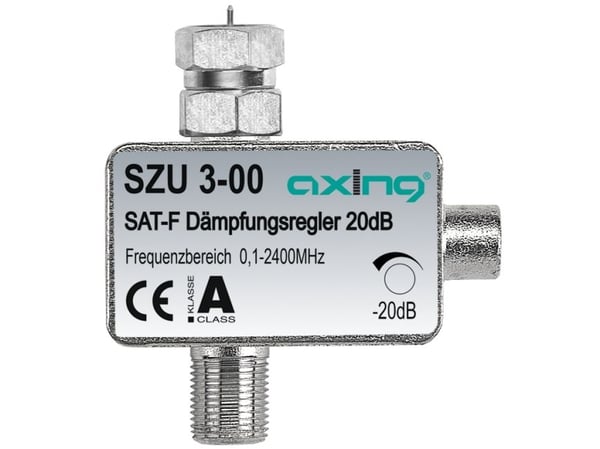 Axing SZU 3-00, 0,0001 - 2,4 GHz, 20 dB, Silver, F-female/F-male, Gjuten aluminium Axing SZU 3-00, 0,0001 - 2,4 GHz, 20 dB, Silver, F-female/F-male, Gjuten aluminium
