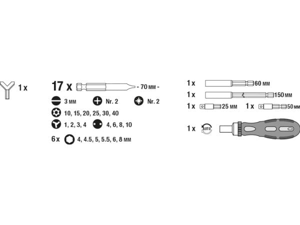 kwb 106800, 63 stykker, Philips, Pozidriv, Spor/slot, Torq-Set, Torx, Tri-Wing, 2, 4, 6.5 mm, 25 mm, 25,4 / 4 mm (1 / 4"), Sekskantet