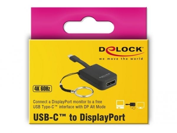 Delock - Video adapter - USB-C (hann) til DisplayPort (hann) - DisplayPort 1.2 - 3 cm - 4K-støtte - svart