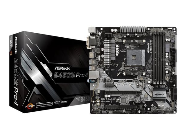 ASRock B450M PRO4 - Hovedkort - mikro ATX - Socket AM4 - AMD B450 Chipset - USB 3.1 Gen 1, USB-C Gen2, USB 3.1 Gen 2 - Gigabit LAN - innbygd grafik...