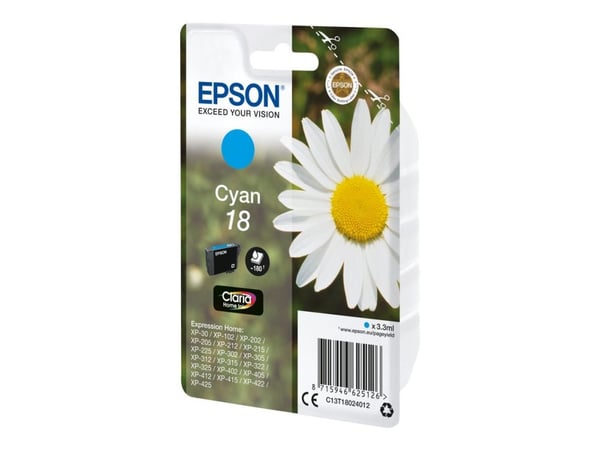 Epson 18 - 3.3 ml - cyan - original - blekkpatron - for Expression Home XP-212, 215, 225, 312, 315, 322, 325, 412, 415, 422, 425