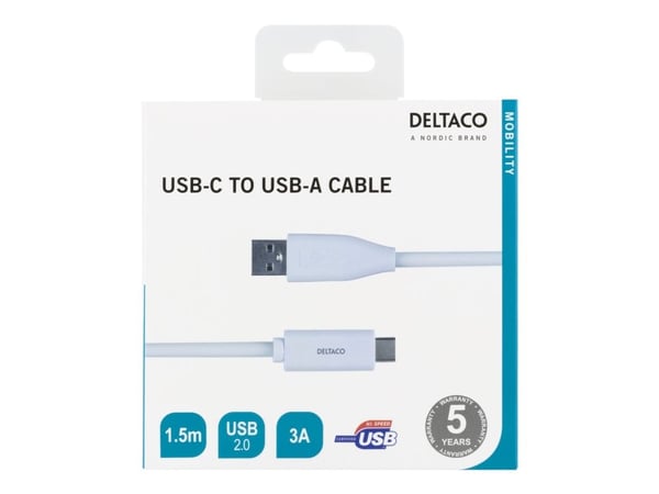 Deltaco USBC-1010M, 1,5 m, USB A, USB C, USB 2.0, Valkoinen