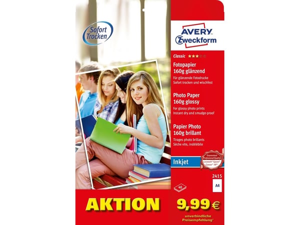 Avery Classic Inkjet, DIN A4, 160 g, glans, 160 g/m², Inkjet, A4, Hvit, 40 ark