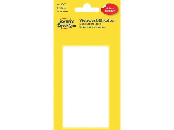 Avery 3047, Hvit, Rektangel, 98 x 51 mm, Universell, Papir, 1 stykker