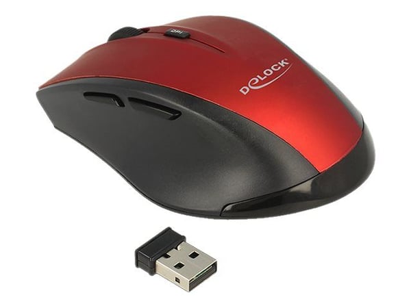 Delock - Mus - ergonomisk - högerhänt - optisk - 5 knappar - trådlös - 2.4 GHz - trådlös USB-mottagare - svart / röd - detaljhandel