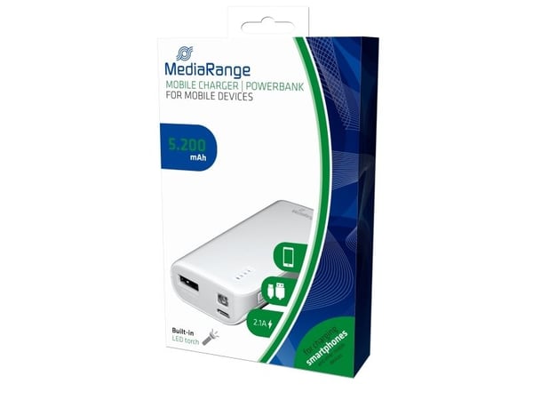 MediaRange Mobile Charger - Strømbank - 5200 mAh - 2.1 A (USB) - på kabel: Micro-USB - grå, hvit