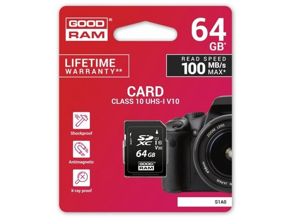 GOODRAM S1A0 - Flashminnekort - 64 GB - Video Class V30 / UHS-I U1 / Class10 - SDXC UHS-I
