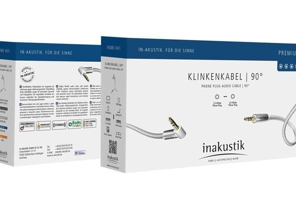 in-akustik Premium - Lydkabel - minitelefon stereo 3,5 mm hann til minitelefon stereo 3,5 mm hann - 1,5 m - dobbeltskjermet - hvit, sølv - 90°-kontakt