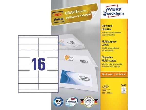 Avery - Hvit - 105 x 33.8 mm 1600 etikett(er) (100 ark x 16) flerbruks merkelapper