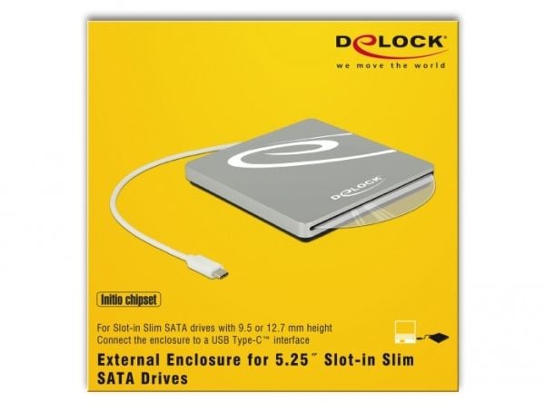 Delock 5.25 External Enclosure Slot-in Slim SATA > USB C - Drevkabinett - SATA - USB 3.1 (Gen 1) - svart, sølv