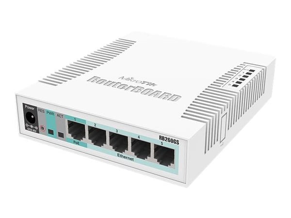 MikroTik RB260GS - Switch - Administrerad - 1 x 10/100/1000 (PoE) + 4 x 10/100/1000 + 1 x SFP - skrivbordsmodell