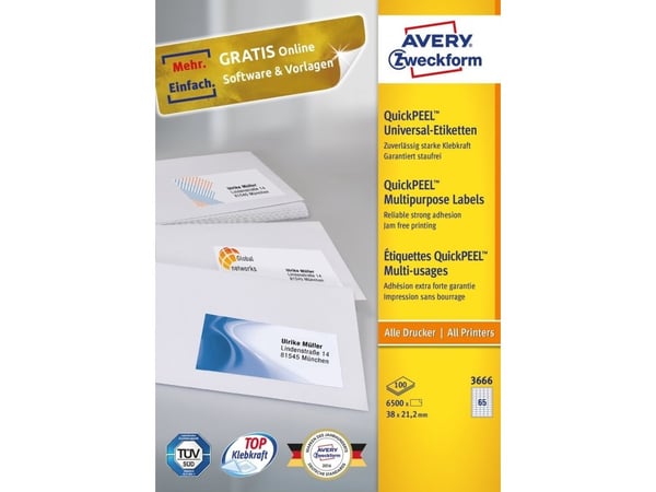 Avery - Hvit - 38.1 x 21.2 mm 6500 etikett(er) (100 ark x 65) flerbruks merkelapper
