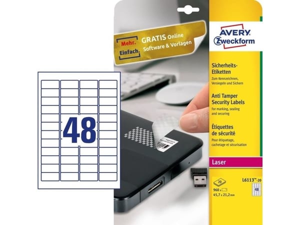 Avery Zweckform L6113-20, White, Rounded rectangle, Permanent, Polyester, Laser/Inkjet, 45.7 mm