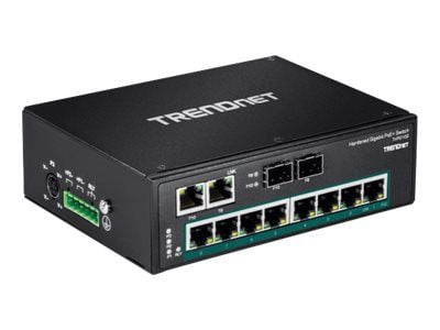 TRENDnet TI-PG102I - Switch - Styrt - 8 x 10/100/1000 (PoE+) + 2 x Gigabit SFP - DIN-skinnemonterbar - PoE+ (240 W) - likestrøm - TAA-samsvar