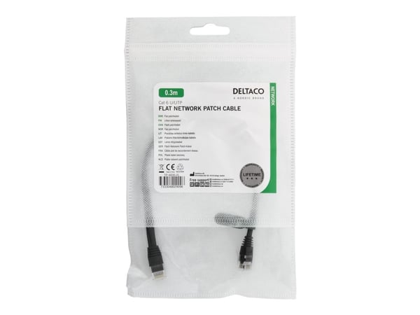 DELTACO - Koblingskabel - RJ-45 (hann) til RJ-45 (hann) - 30 cm - UTP - CAT 6 - flat - svart