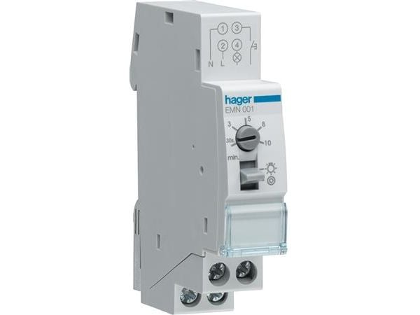 HAGER Automatisk trappkontroll, 1NO 16A, 250VAC, spolspänning 230VAC 50/60Hz, inställning 30sec-10min, din-skena, 18mm bred, 3- eller 4-trådig