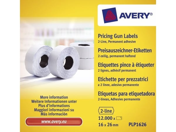 Avery PLP1626 - Papir - permanent lim - hvit - 26 x 16 mm 12000 etikett(er) (10 rull(er) x 1200) prislappetiketter