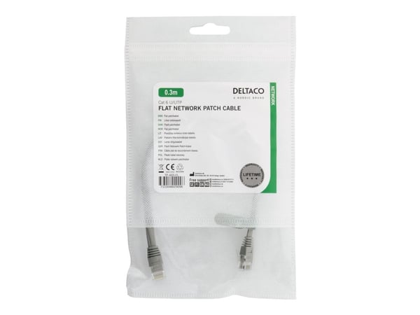 DELTACO - Koblingskabel - RJ-45 (hann) til RJ-45 (hann) - 30 cm - UTP - CAT 6a - flat - grå