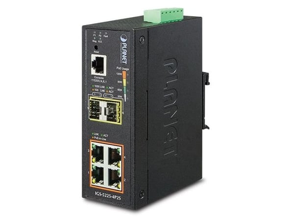 PLANET IGS-5225-4P2S - Switch - L2+ - Styrt - 4 x 10/100/1000 (PoE+) + 2 x 1000Base-X SFP - DIN-skinnemonterbar - PoE+ (144 W) - DC-strøm