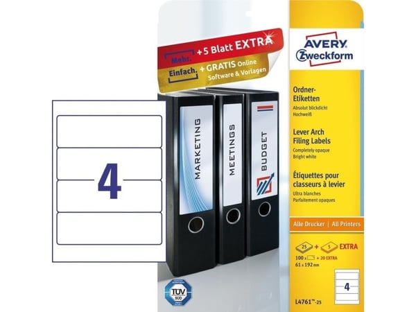 Avery File Folder Labels - Hvit - 192 x 61 mm 100 etikett(er) (25 ark x 4) filmappeetiketter