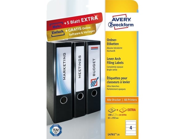 Avery File Folder Labels - Hvit - 192 x 61 mm 100 etikett(er) (25 ark x 4) filmappeetiketter