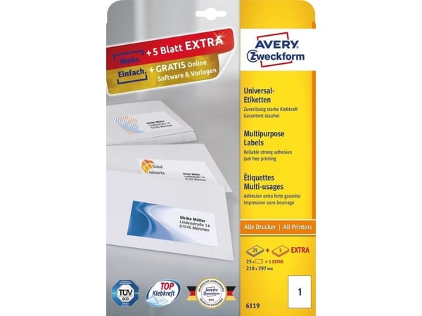 Avery Zweckform 6119 - Hvit - A4 (210 x 297 mm) 25 etikett(er) (25 ark x 1) etiketter