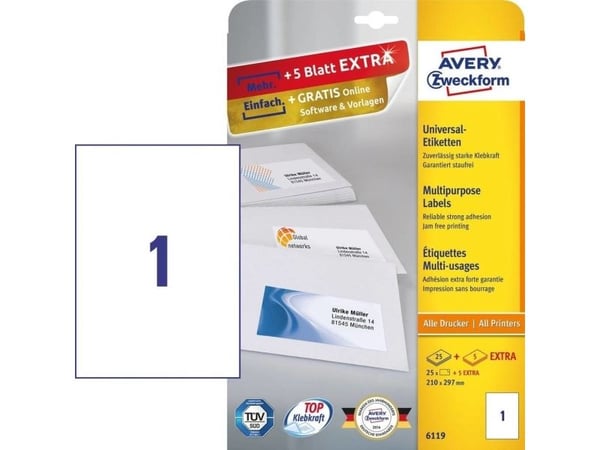 Avery Zweckform 6119 - Hvit - A4 (210 x 297 mm) 25 etikett(er) (25 ark x 1) etiketter