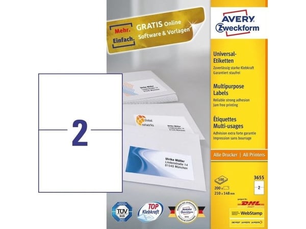 Avery - Hvit - 210 x 148 mm 200 etikett(er) (100 ark x 2) flerbruks merkelapper