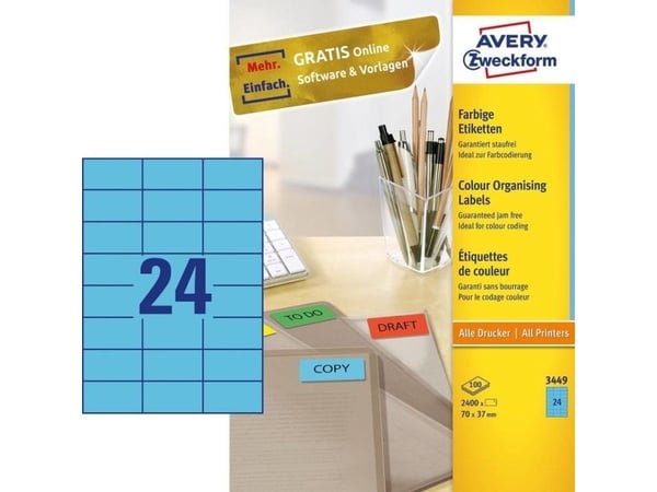 Avery - Blå - 70 x 37 mm 2400 etikett(er) (100 ark x 24) filmappeetiketter